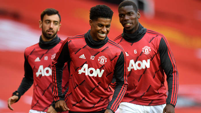 Manchester United's Bruno Fernandes, Marcus Rashford and Paul Pogba